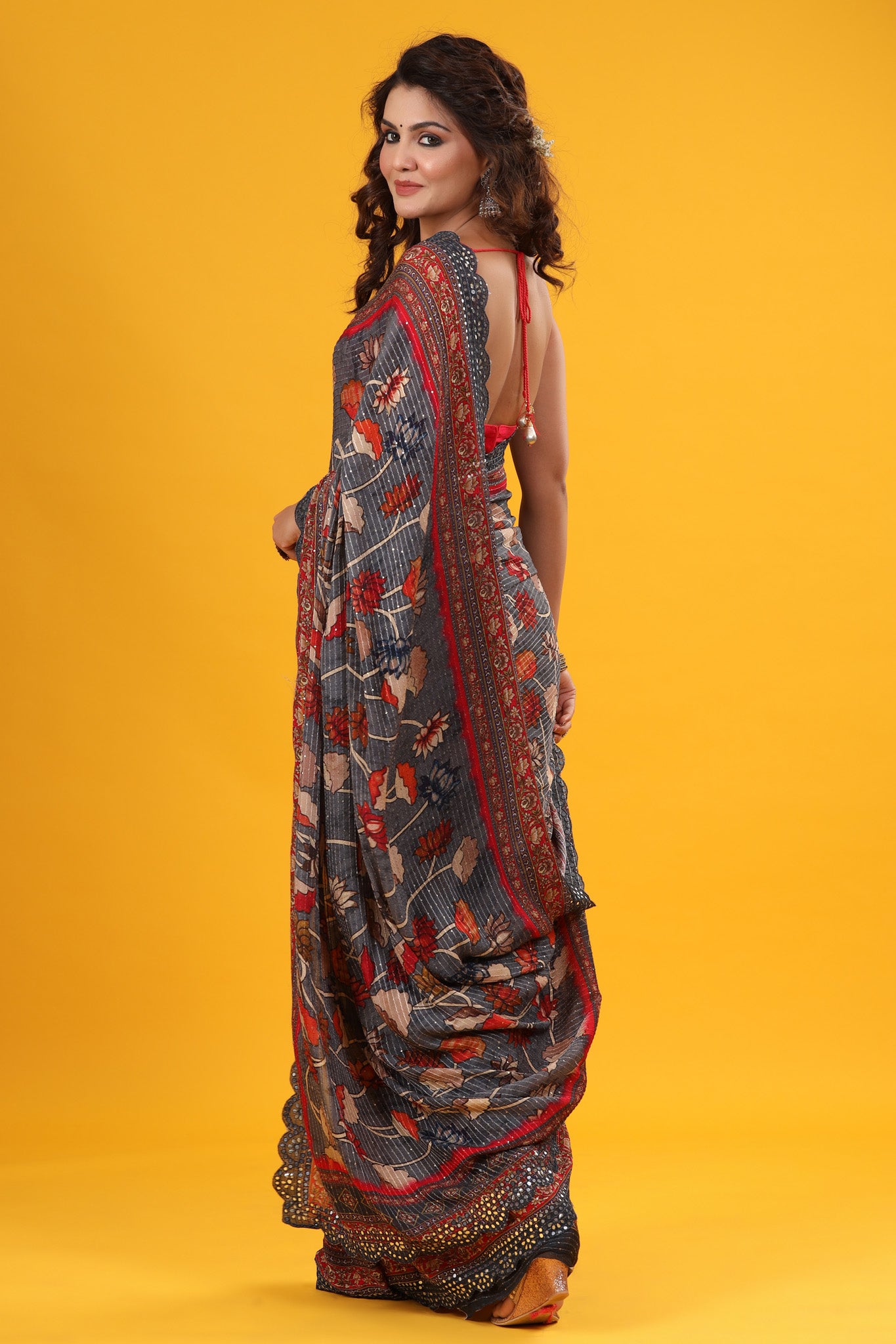Shop dark grey printed embroidered georgette sari online in USA. Make a fashion statement at weddings with stunning designer sarees, embroidered sarees with blouse, wedding sarees, handloom sarees from Pure Elegance Indian fashion store in USA.-back