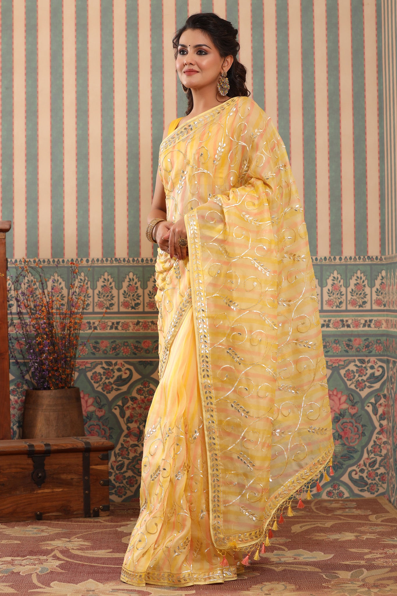 Shop pink and yellow organza sari online in USA with gota work. Make a fashion statement at weddings with stunning designer sarees, embroidered sarees with blouse, wedding sarees, handloom sarees from Pure Elegance Indian fashion store in USA.-pallu
