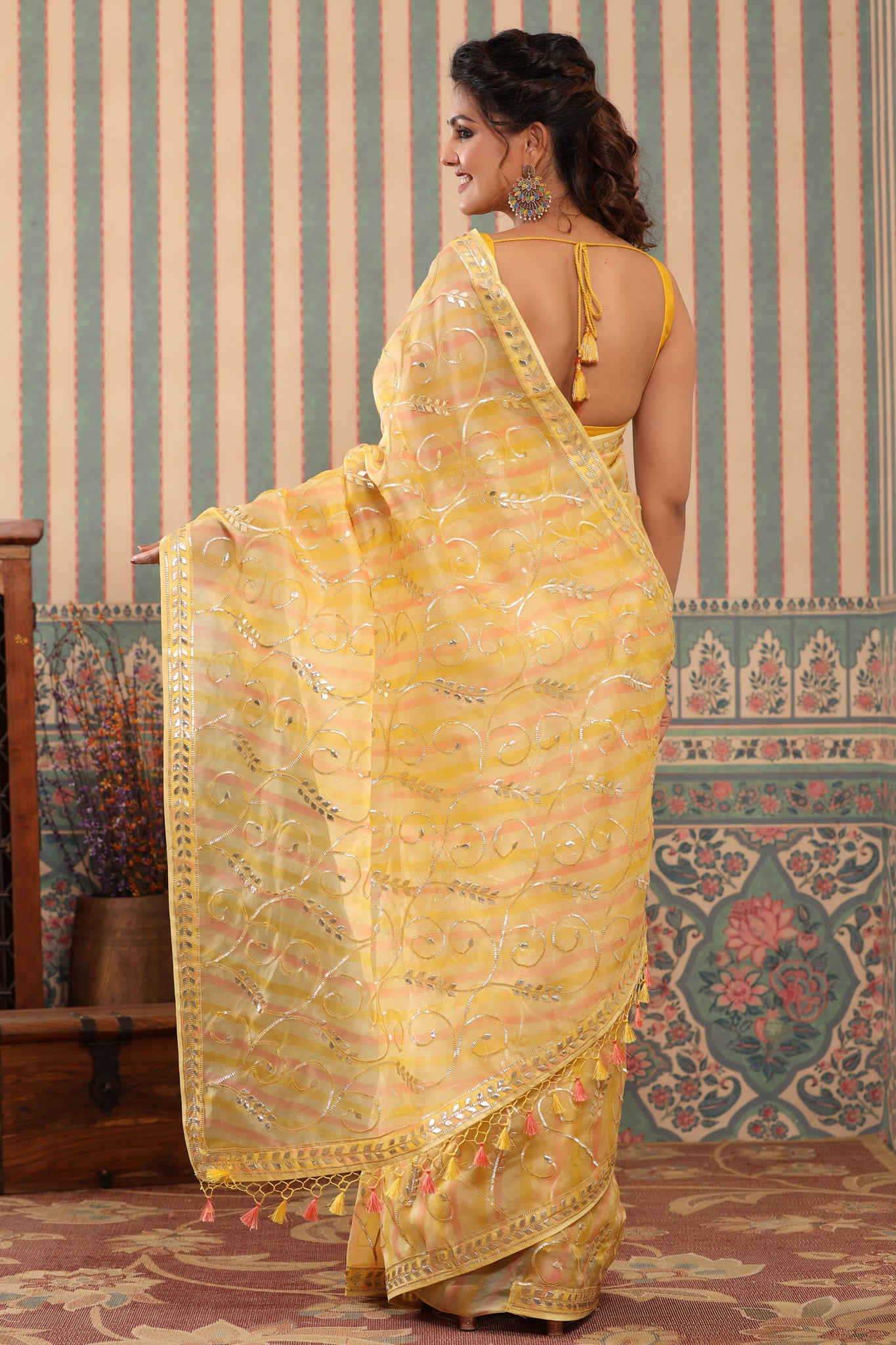 Shop pink and yellow organza sari online in USA with gota work. Make a fashion statement at weddings with stunning designer sarees, embroidered sarees with blouse, wedding sarees, handloom sarees from Pure Elegance Indian fashion store in USA.-back