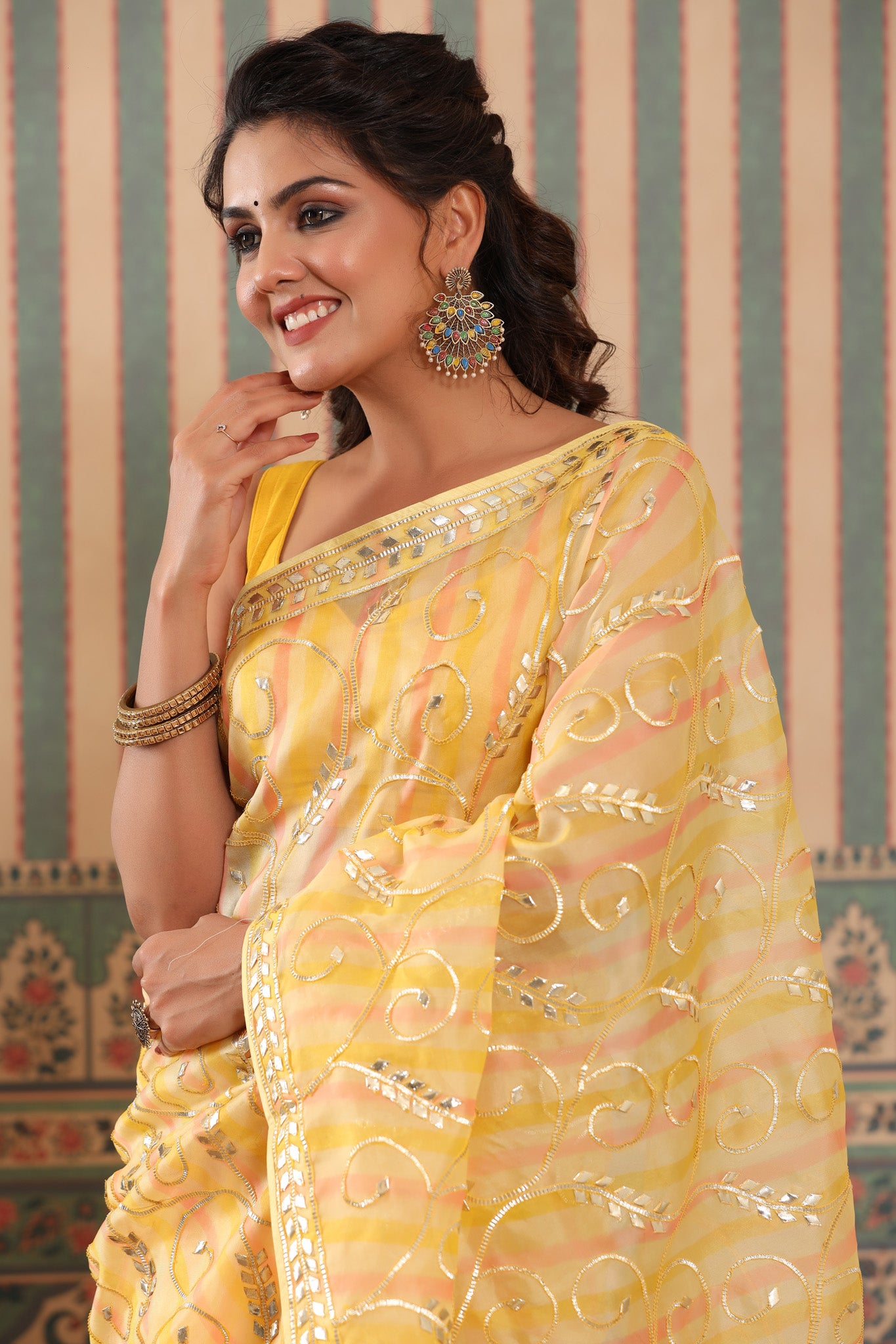 Shop pink and yellow organza sari online in USA with gota work. Make a fashion statement at weddings with stunning designer sarees, embroidered sarees with blouse, wedding sarees, handloom sarees from Pure Elegance Indian fashion store in USA.-closeup