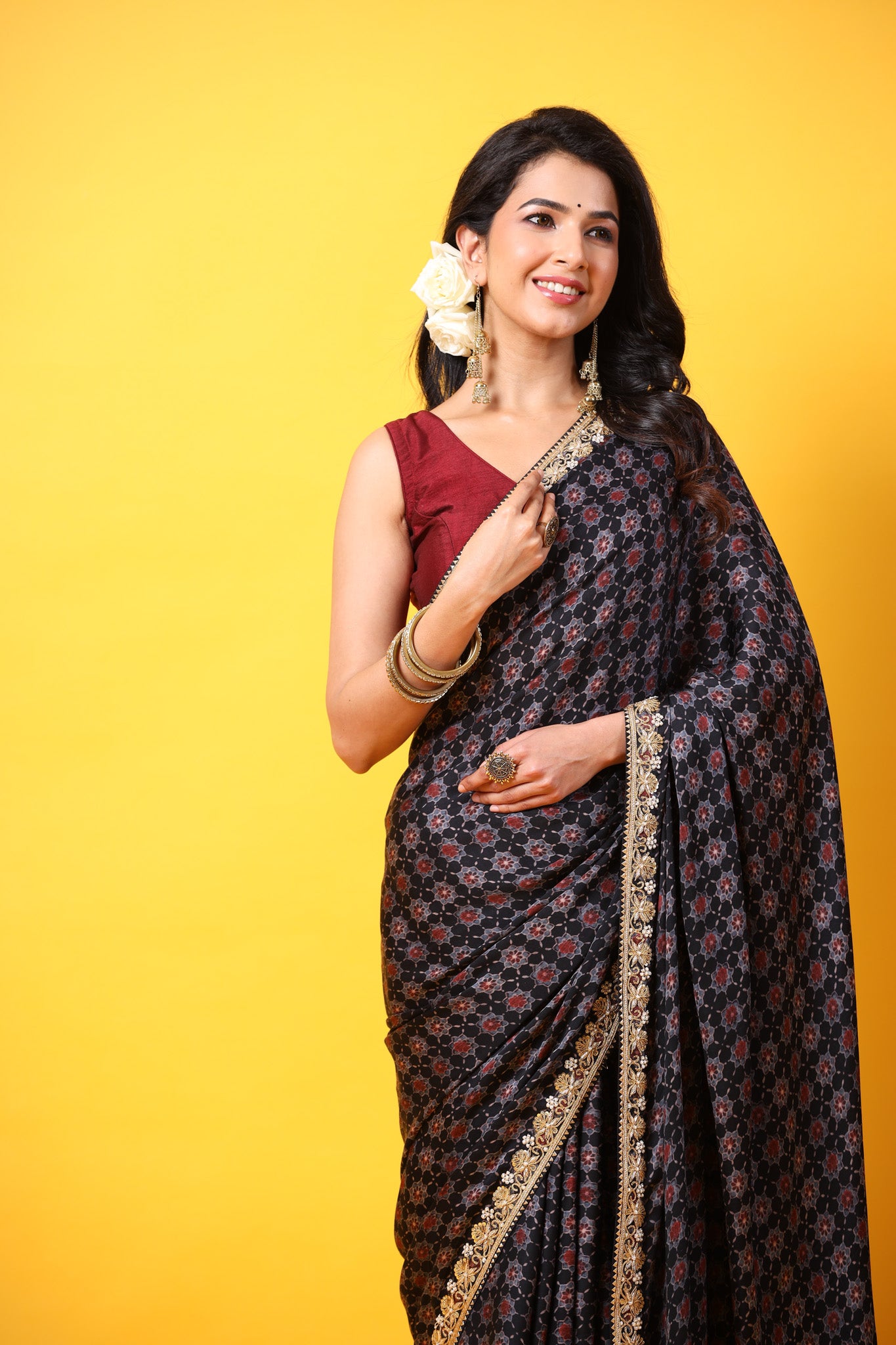 90Z641-RO Black Printed Georgette Saree with Lace Border