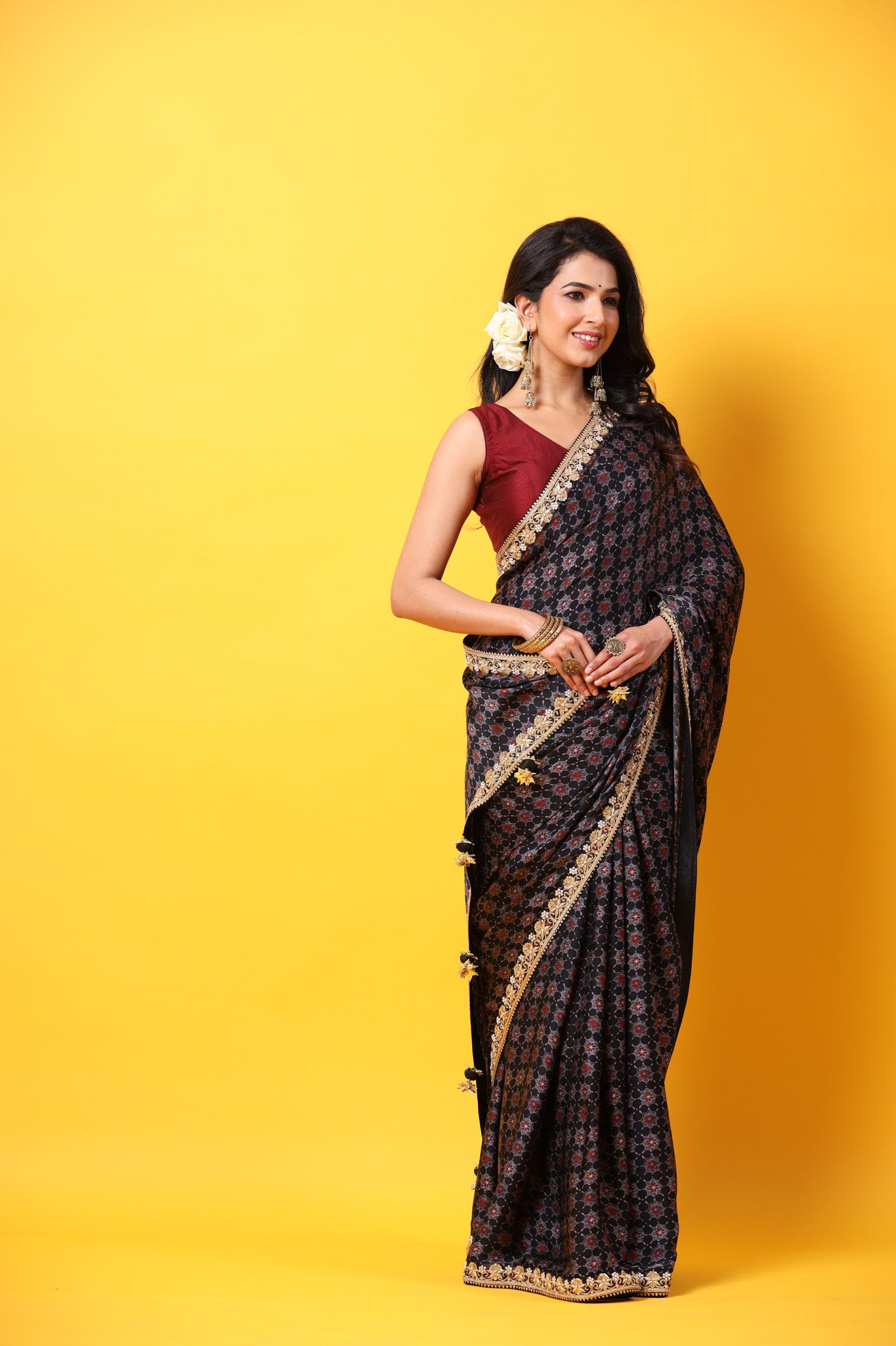 Buy black printed georgette sari online in USA with lace border. Make a fashion statement at weddings with stunning designer sarees, embroidered sarees with blouse, wedding sarees, handloom sarees from Pure Elegance Indian fashion store in USA.-saree