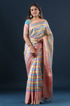 Shop pastel multicolor stripes linen sari online in USA with zari border. Make a fashion statement at weddings with stunning designer sarees, embroidered sarees with blouse, wedding sarees, handloom sarees from Pure Elegance Indian fashion store in USA.-full view