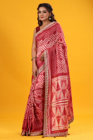 Shop red printed tussar silk sari online in USA with embroidered border. Make a fashion statement at weddings with stunning designer sarees, embroidered sarees with blouse, wedding sarees, handloom sarees from Pure Elegance Indian fashion store in USA.-pallu