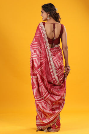 Shop red printed tussar silk sari online in USA with embroidered border. Make a fashion statement at weddings with stunning designer sarees, embroidered sarees with blouse, wedding sarees, handloom sarees from Pure Elegance Indian fashion store in USA.-back