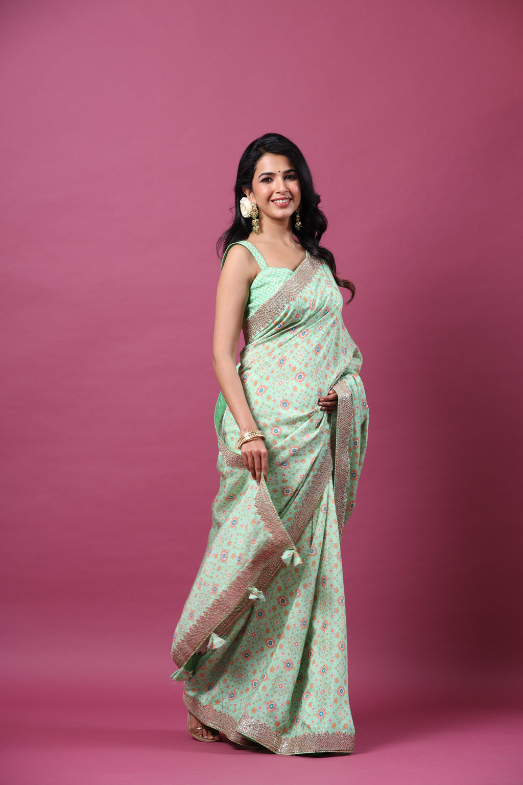 Shop mint green mulberry silk sari online in USA with embroidered border. Make a fashion statement at weddings with stunning designer sarees, embroidered sarees with blouse, wedding sarees, handloom sarees from Pure Elegance Indian fashion store in USA.-full view