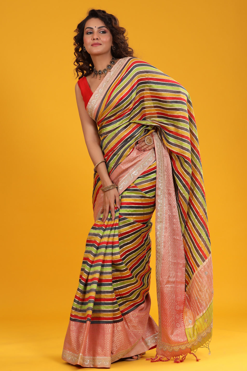 Shop multicolor tussar silk sari online in USA with embroidered red zari border. Make a fashion statement at weddings with stunning designer sarees, embroidered sarees with blouse, wedding sarees, handloom sarees from Pure Elegance Indian fashion store in USA.-full view