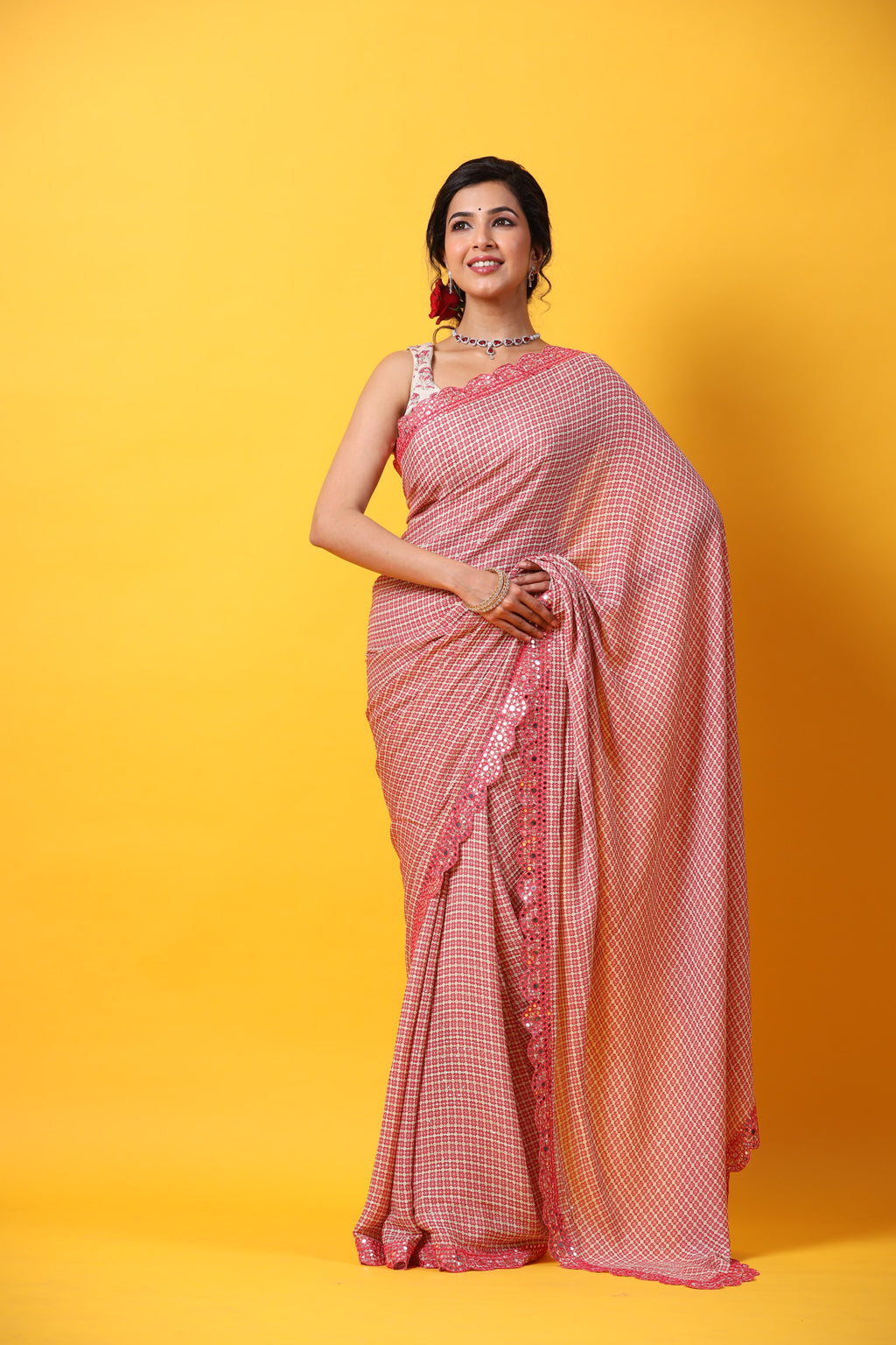 Buy red printed georgette saree online in USA with scalloped border. Make a fashion statement at weddings with stunning designer sarees, embroidered sarees with blouse, wedding sarees, handloom sarees from Pure Elegance Indian fashion store in USA.-full view