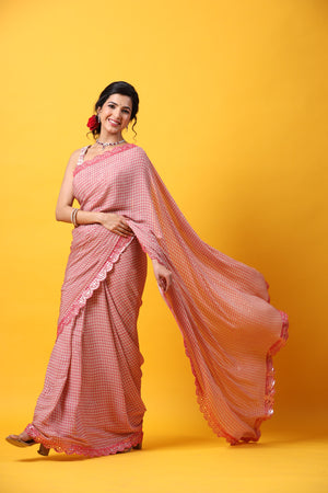 Buy red printed georgette saree online in USA with scalloped border. Make a fashion statement at weddings with stunning designer sarees, embroidered sarees with blouse, wedding sarees, handloom sarees from Pure Elegance Indian fashion store in USA.-pallu