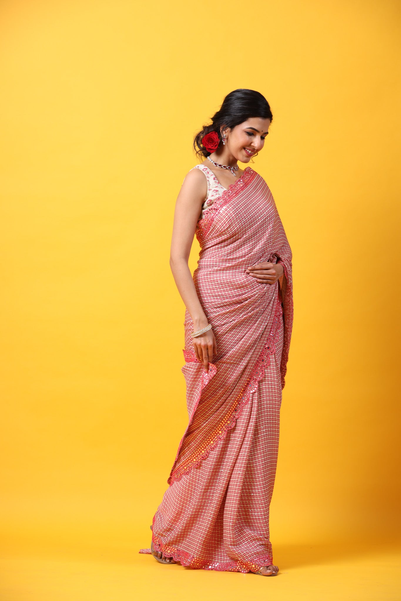 Buy red printed georgette saree online in USA with scalloped border. Make a fashion statement at weddings with stunning designer sarees, embroidered sarees with blouse, wedding sarees, handloom sarees from Pure Elegance Indian fashion store in USA.-side
