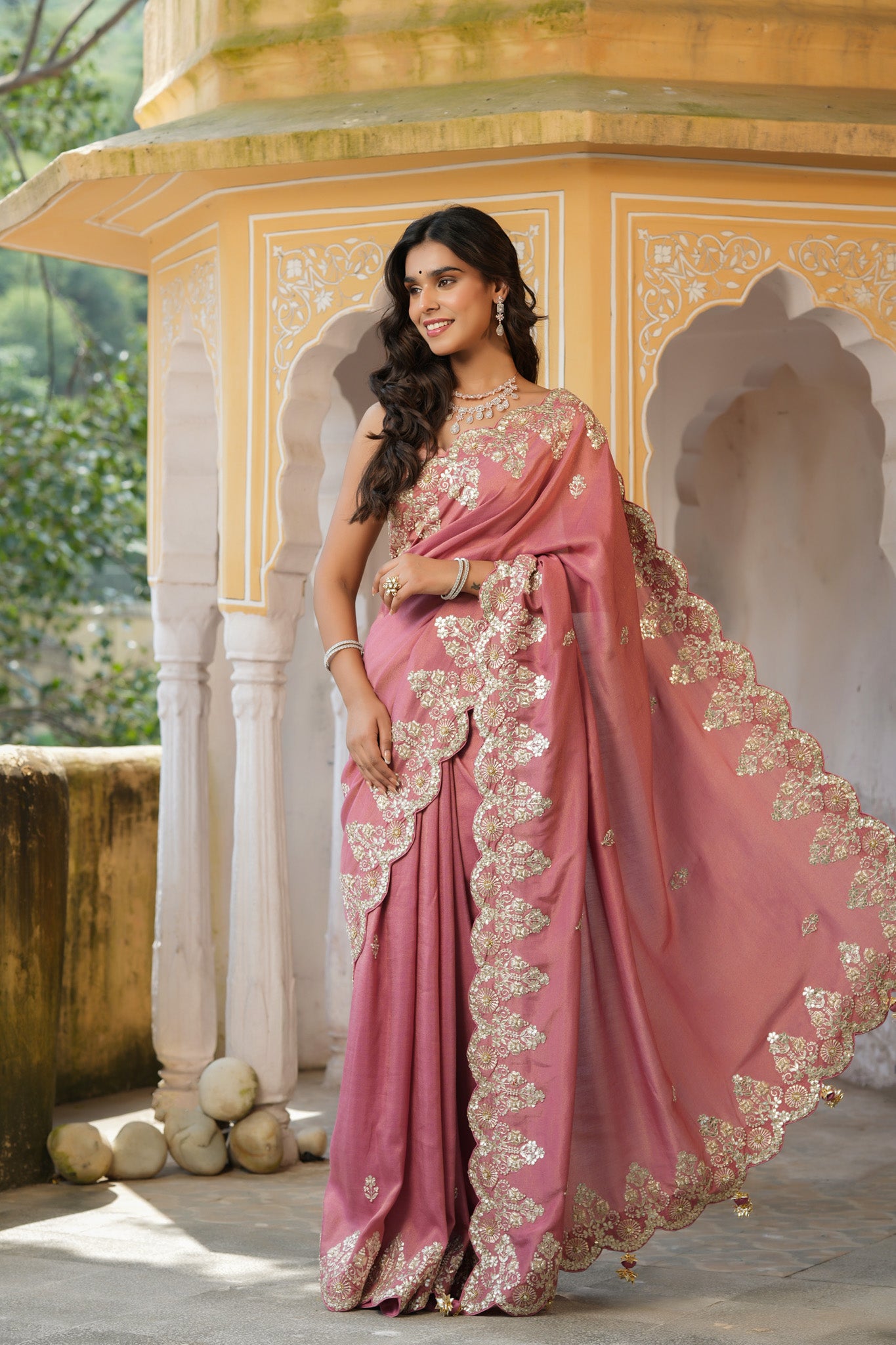 Shop beautiful dusty pink tussar georgette saree online in USA with embroidered border. Make a fashion statement at weddings with stunning designer sarees, embroidered sarees with blouse, wedding sarees, handloom sarees from Pure Elegance Indian fashion store in USA.-pallu