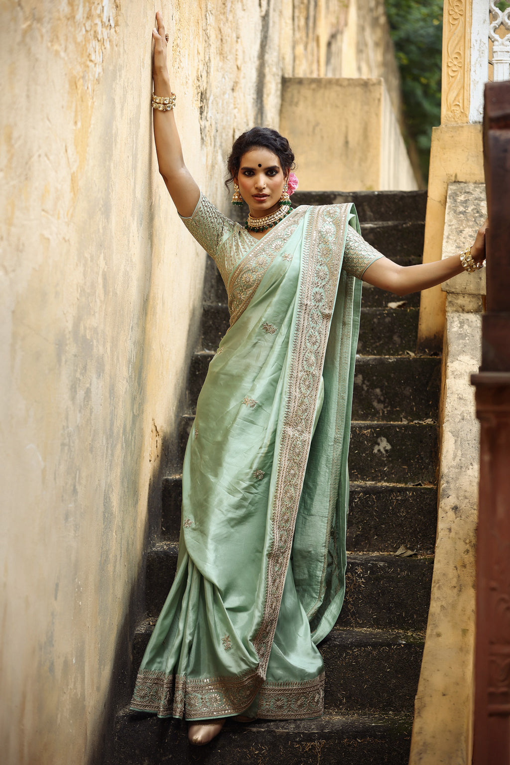 Buy mint green tussar georgette saree online in USA with embroidered border. Make a fashion statement at weddings with stunning designer sarees, embroidered sarees with blouse, wedding sarees, handloom sarees from Pure Elegance Indian fashion store in USA.-full view