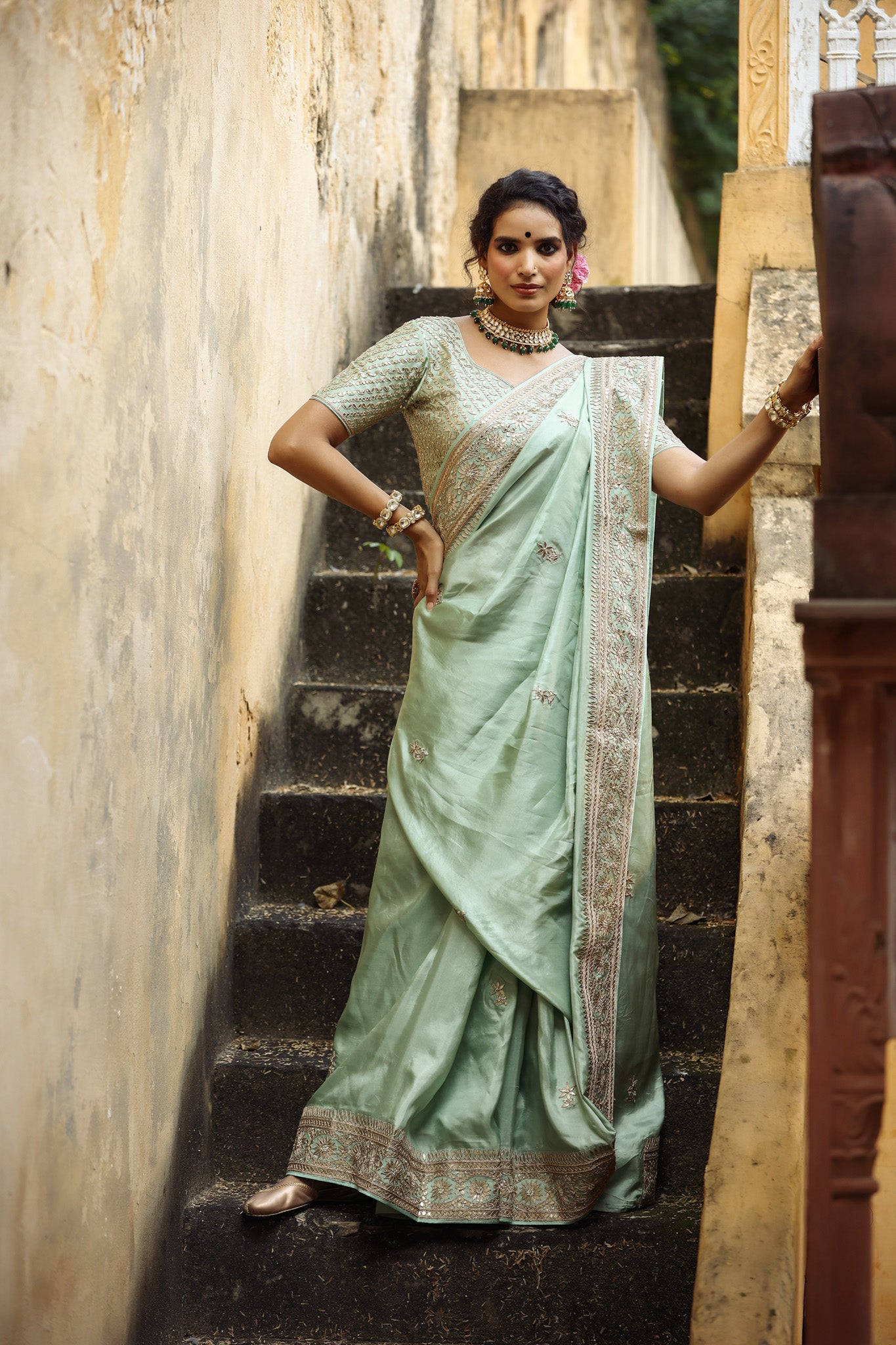 Buy mint green tussar georgette saree online in USA with embroidered border. Make a fashion statement at weddings with stunning designer sarees, embroidered sarees with blouse, wedding sarees, handloom sarees from Pure Elegance Indian fashion store in USA.-front