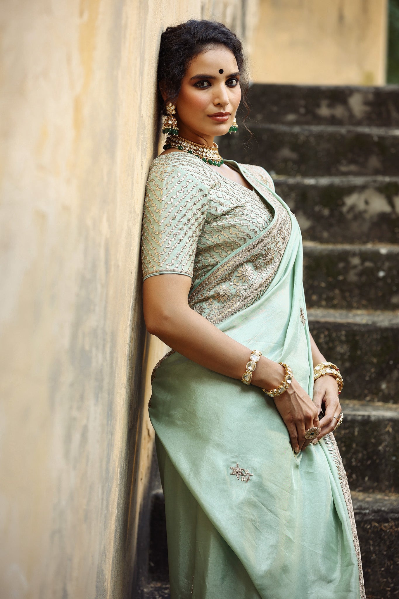 Buy mint green tussar georgette saree online in USA with embroidered border. Make a fashion statement at weddings with stunning designer sarees, embroidered sarees with blouse, wedding sarees, handloom sarees from Pure Elegance Indian fashion store in USA.-side
