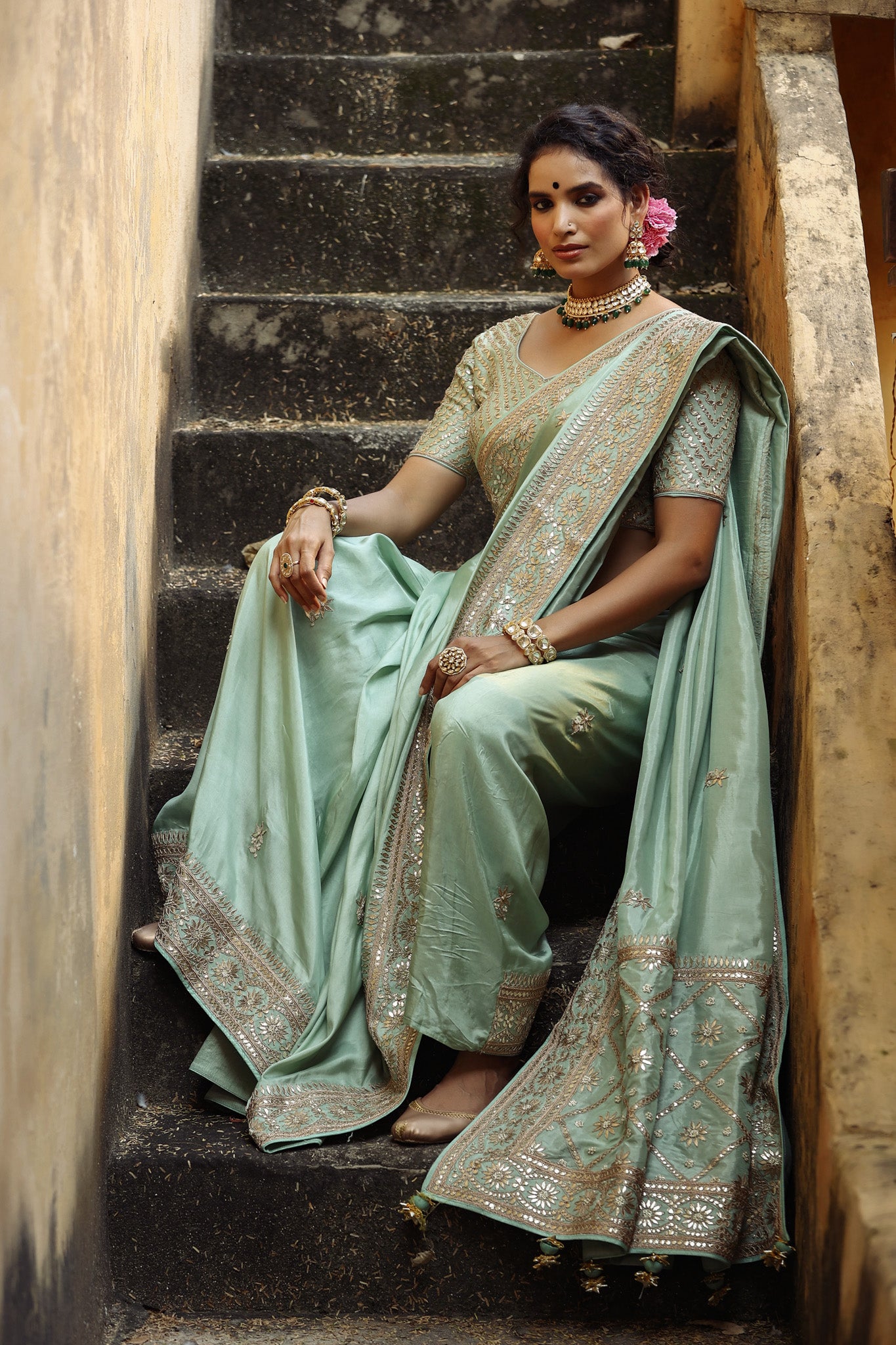 Buy mint green tussar georgette saree online in USA with embroidered border. Make a fashion statement at weddings with stunning designer sarees, embroidered sarees with blouse, wedding sarees, handloom sarees from Pure Elegance Indian fashion store in USA.-saree