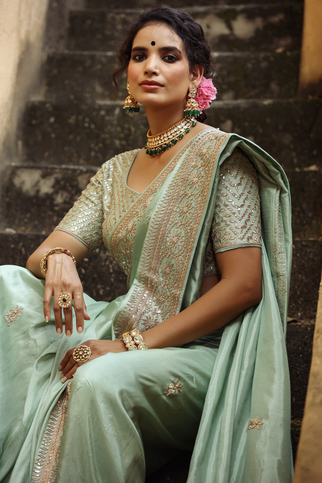 Buy mint green tussar georgette saree online in USA with embroidered border. Make a fashion statement at weddings with stunning designer sarees, embroidered sarees with blouse, wedding sarees, handloom sarees from Pure Elegance Indian fashion store in USA.-closeup
