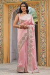 Shop baby pink embroidered tussar georgette saree online in USA with blouse. Make a fashion statement at weddings with stunning designer sarees, embroidered sarees with blouse, wedding sarees, handloom sarees from Pure Elegance Indian fashion store in USA.-full view