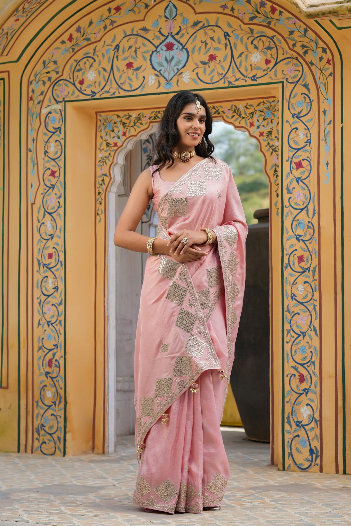 Shop baby pink embroidered tussar georgette saree online in USA with blouse. Make a fashion statement at weddings with stunning designer sarees, embroidered sarees with blouse, wedding sarees, handloom sarees from Pure Elegance Indian fashion store in USA.-front