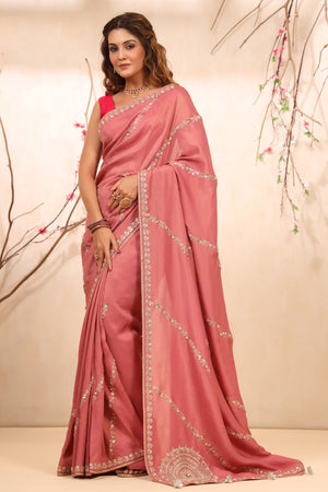 Buy blush pink embroidered tussar georgette saree online in USA with blouse. Make a fashion statement at weddings with stunning designer sarees, embroidered sarees with blouse, wedding sarees, handloom sarees from Pure Elegance Indian fashion store in USA.-pallu