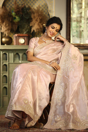 Shop cream embroidered tissue silk saree online in USA with blouse. Make a fashion statement at weddings with stunning designer sarees, embroidered sarees with blouse, wedding sarees, handloom sarees from Pure Elegance Indian fashion store in USA.-pallu
