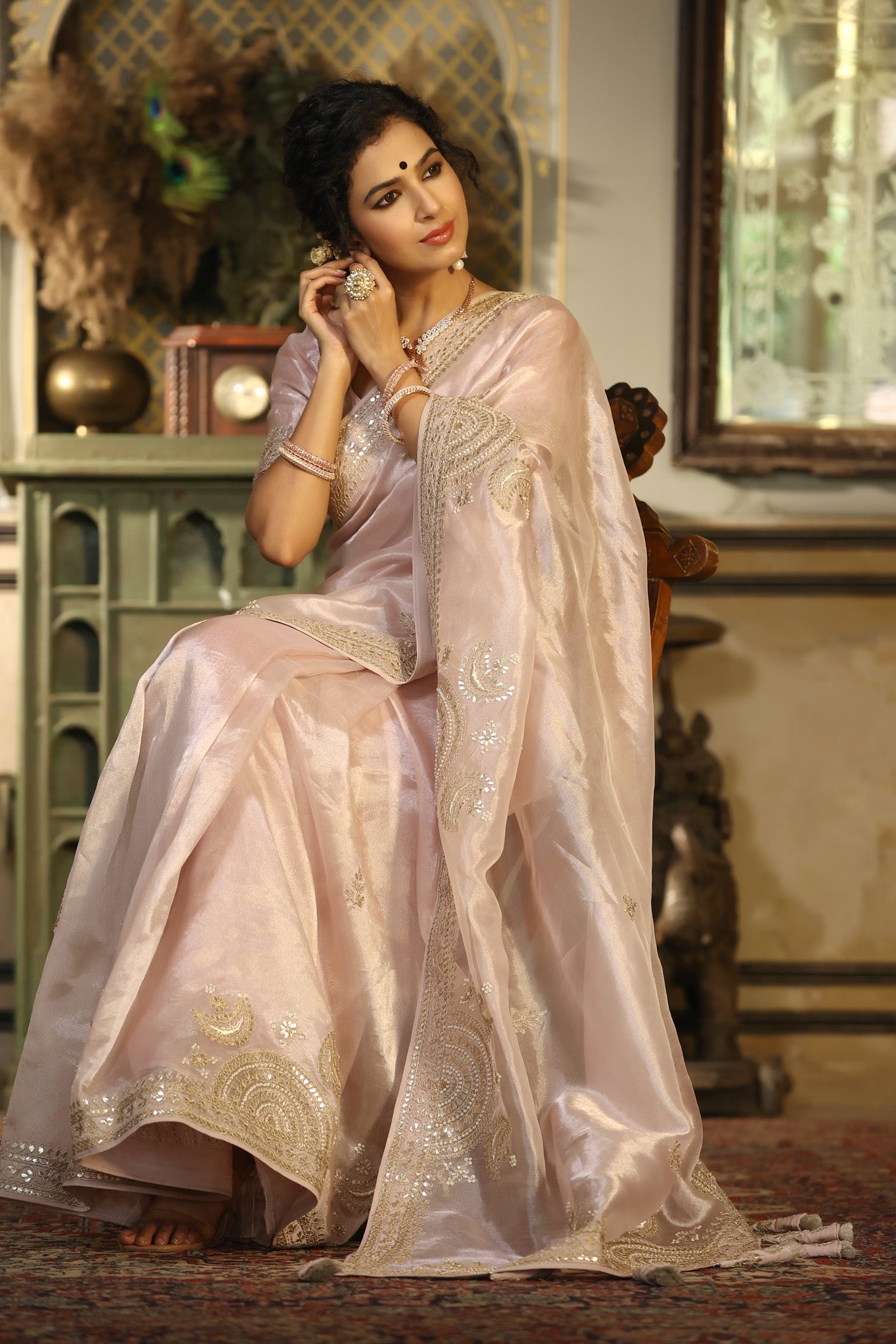 Shop cream embroidered tissue silk saree online in USA with blouse. Make a fashion statement at weddings with stunning designer sarees, embroidered sarees with blouse, wedding sarees, handloom sarees from Pure Elegance Indian fashion store in USA.-saree
