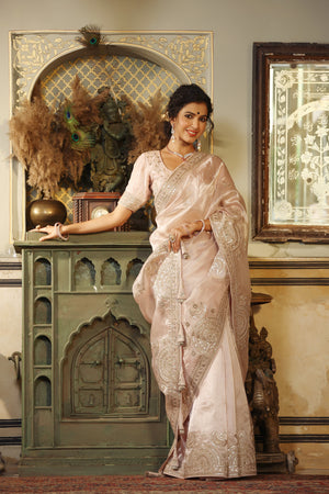 Shop cream embroidered tissue silk saree online in USA with blouse. Make a fashion statement at weddings with stunning designer sarees, embroidered sarees with blouse, wedding sarees, handloom sarees from Pure Elegance Indian fashion store in USA.-full view