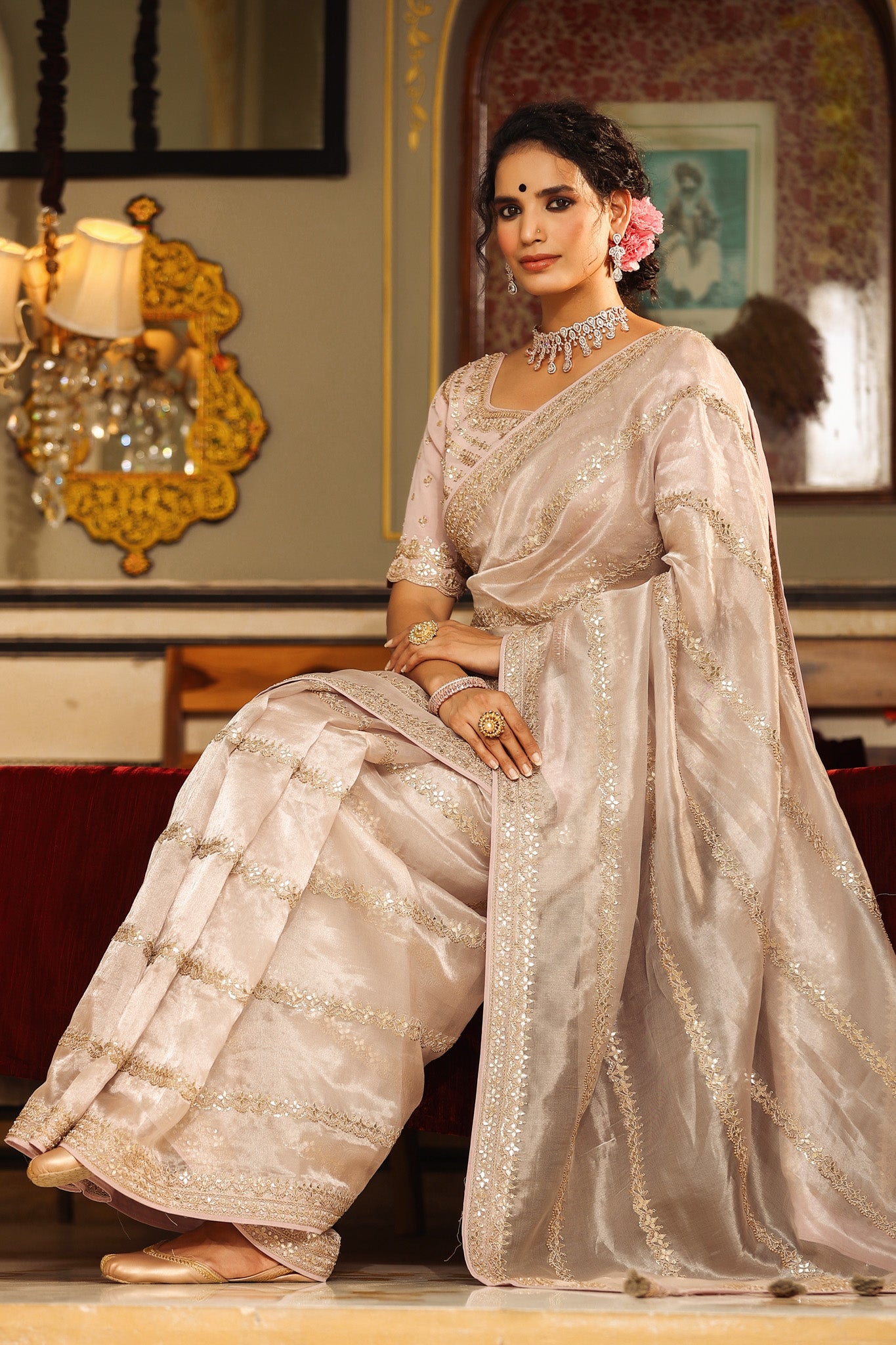 Shop beautiful cream pure tissue silk saree online in USA with hand embroidery. Make a fashion statement at weddings with stunning designer sarees, embroidered sarees with blouse, wedding sarees, handloom sarees from Pure Elegance Indian fashion store in USA.-saree