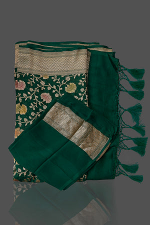 Buy dark green Benarasi georgette sari online in USA with floral zari jaal. Shop beautiful Banarasi georgette sarees, tussar sarees, pure muga silk saris in USA from Pure Elegance Indian fashion boutique in USA. Get spoiled for choices with a splendid variety of Indian sarees to choose from! Shop now.-details