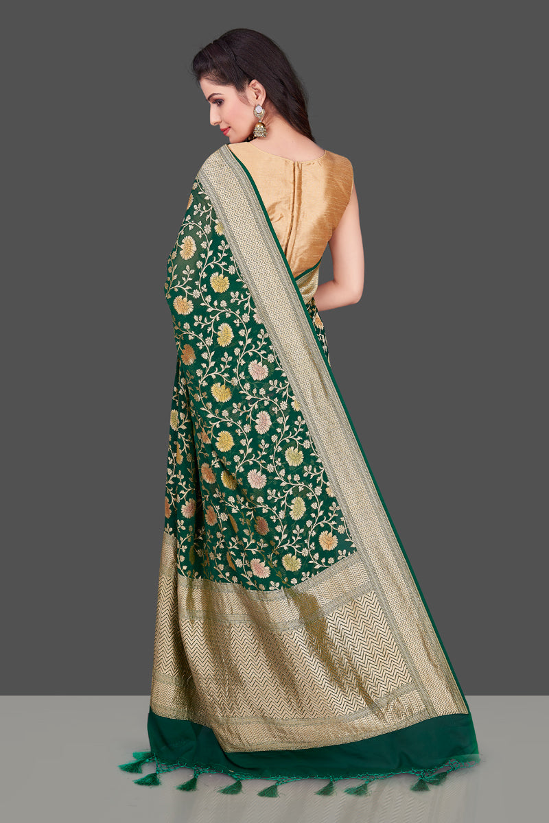 Buy dark green Benarasi georgette sari online in USA with floral zari jaal. Shop beautiful Banarasi georgette sarees, tussar sarees, pure muga silk saris in USA from Pure Elegance Indian fashion boutique in USA. Get spoiled for choices with a splendid variety of Indian sarees to choose from! Shop now.-back
