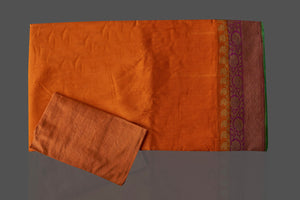 Buy beautiful mustard color muga Banarasi sari online in USA with antique zari purple border. Keep it elegant with Muga silk sarees, Banarasi silk sarees, handwoven sarees from Pure Elegance Indian fashion boutique in USA. We bring a especially curated collection of ethnic sarees for Indian women in USA under one roof!-blouse