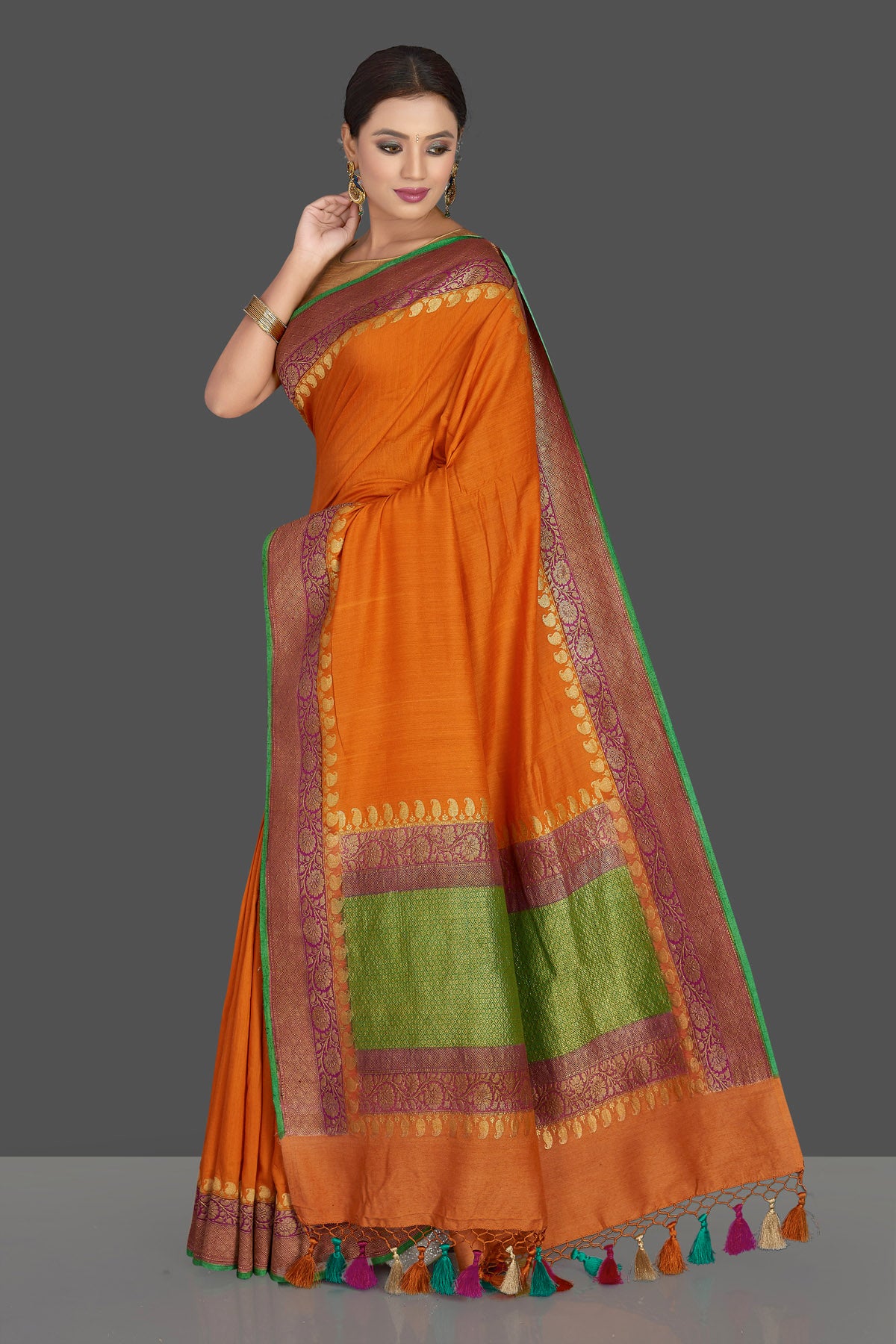 Buy beautiful mustard color muga Banarasi sari online in USA with antique zari purple border. Keep it elegant with Muga silk sarees, Banarasi silk sarees, handwoven sarees from Pure Elegance Indian fashion boutique in USA. We bring a especially curated collection of ethnic sarees for Indian women in USA under one roof!-pallu