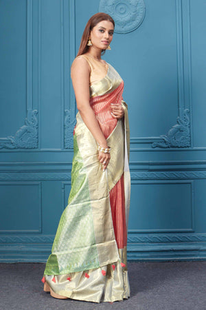Buy red striped Kora Kanjivaram sari online in USA with silver golden border. Look your best on festive occasions in latest designer sarees, pure silk saris, Kanchipuram silk sarees, handwoven sarees, tussar silk sarees, embroidered saris from Pure Elegance Indian clothing store in USA.-side