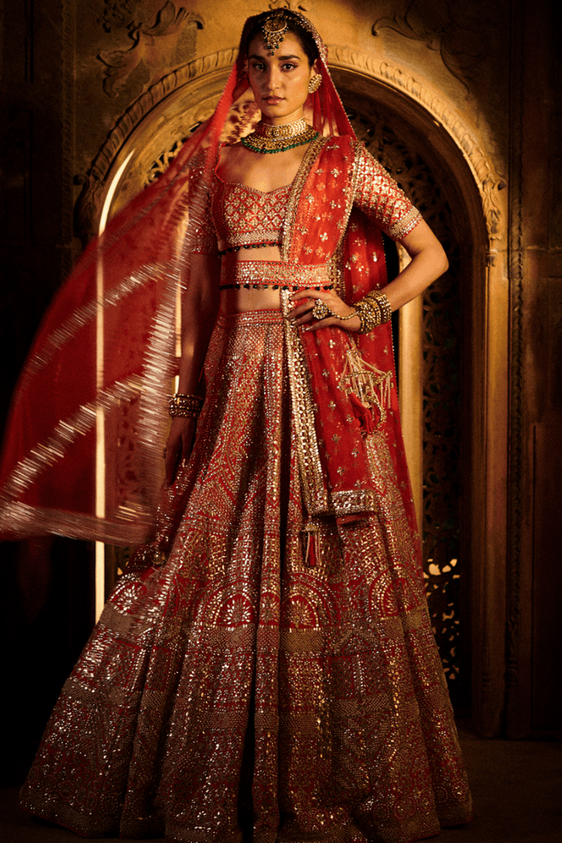 300095B- Sindoori Red Bridal Gota pati  Embroidery Lehenga Choli with Dupatta