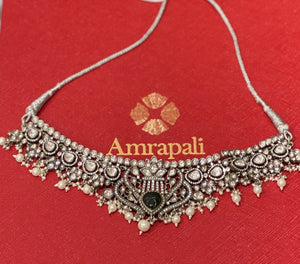 Buy Amrapali zircon glass silver necklace online in USA. Enrich your sarees and suit with an exquisite range of gold plated jewelry, necklaces, earrings, fashion jewelry from Pure Elegance Indian fashion store in USA.-front