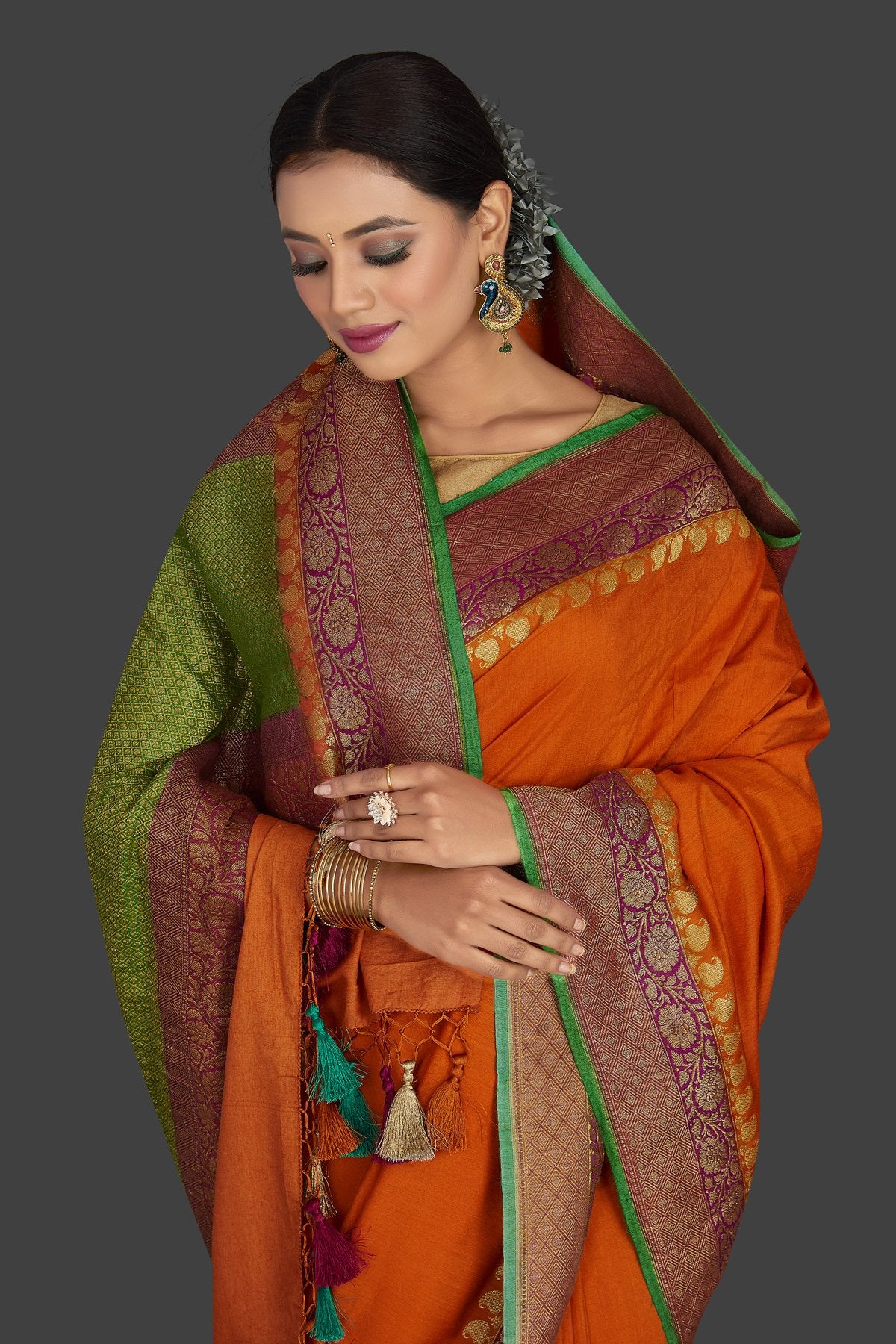 Buy beautiful mustard color muga Banarasi sari online in USA with antique zari purple border. Keep it elegant with Muga silk sarees, Banarasi silk sarees, handwoven sarees from Pure Elegance Indian fashion boutique in USA. We bring a especially curated collection of ethnic sarees for Indian women in USA under one roof!-closeup