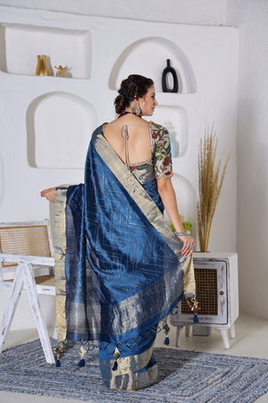 Shop blue tussar silk saree online in USA with embroidered saree blouse. Look royal on special occasions in exquisite designer sarees, pure silk sarees, handloom sarees, Bollywood sarees, embroidered sarees, Banarasi sarees, organza sarees from Pure Elegance Indian saree store in USA.-back