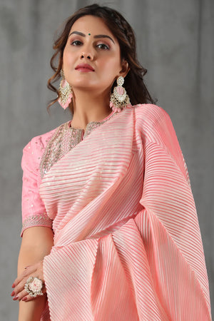 Shop beautiful light pink crushed tissue silk saree online in USA with blouse. Look royal on special occasions in exquisite designer sarees, pure silk sarees, handloom sarees, Bollywood sarees, embroidered sarees, Banarasi sarees, organza sarees from Pure Elegance Indian saree store in USA.-saree