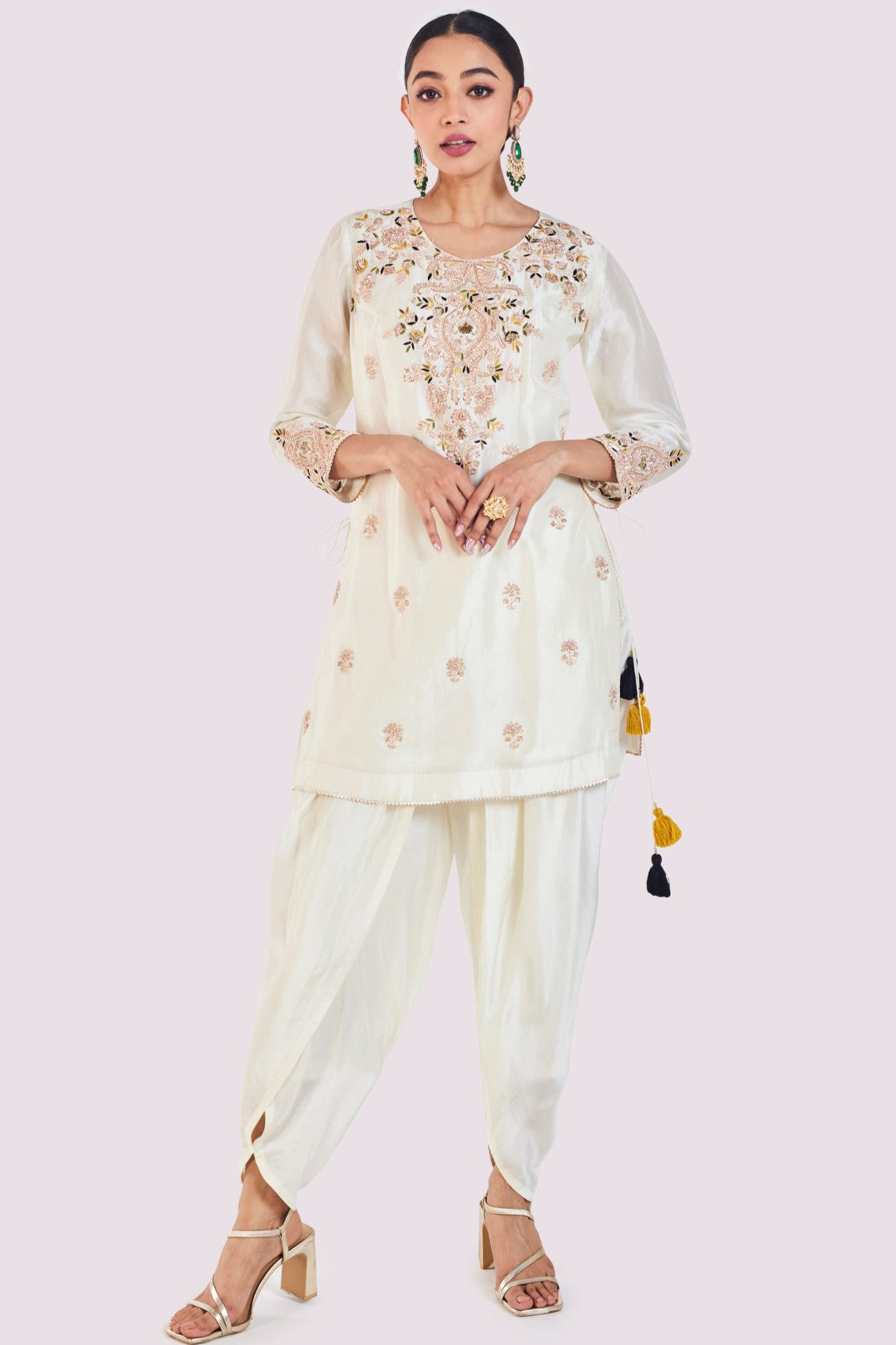 Shop stunning off-white resham work silk dhoti suit online in USA. Shop the best and latest designs in embroidered sarees, designer sarees, Anarkali suit, lehengas, sharara suits for weddings and special occasions from Pure Elegance Indian fashion store in USA.-full view
