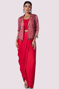 Buy red satin draped skirt with blouse online in USA and embroidered jacket. Shop the best and latest designs in embroidered sarees, designer sarees, Anarkali suit, lehengas, sharara suits for weddings and special occasions from Pure Elegance Indian fashion store in USA.-full view