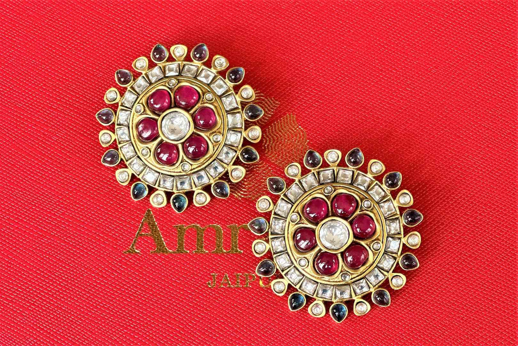 Shop Amrapali gold plated multi stone studs online in USA. Complete your Indian look with beautiful Amrapali gold plated jewelry, gold plated earrings, temple jewelry, silver jewelry, silver earrings available at Pure Elegance Indian fashion store in USA.-full view