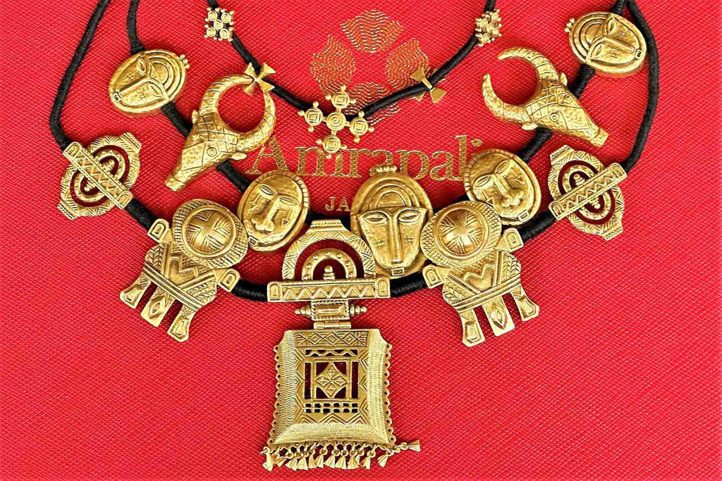 Buy Amrapali gold plated tribal thread necklace online in USA. Complete your Indian look with beautiful Amrapali gold plated jewelry, gold plated earrings, temple jewelry, silver jewelry, silver earrings available at Pure Elegance Indian fashion store in USA.-full view