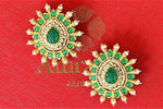 Shop Amrapali gold plated green stone and pearl studs online in USA. Complete your Indian look with beautiful Amrapali gold plated jewelry, gold plated earrings, temple jewelry, silver jewelry, silver earrings available at Pure Elegance Indian fashion store in USA.-full view