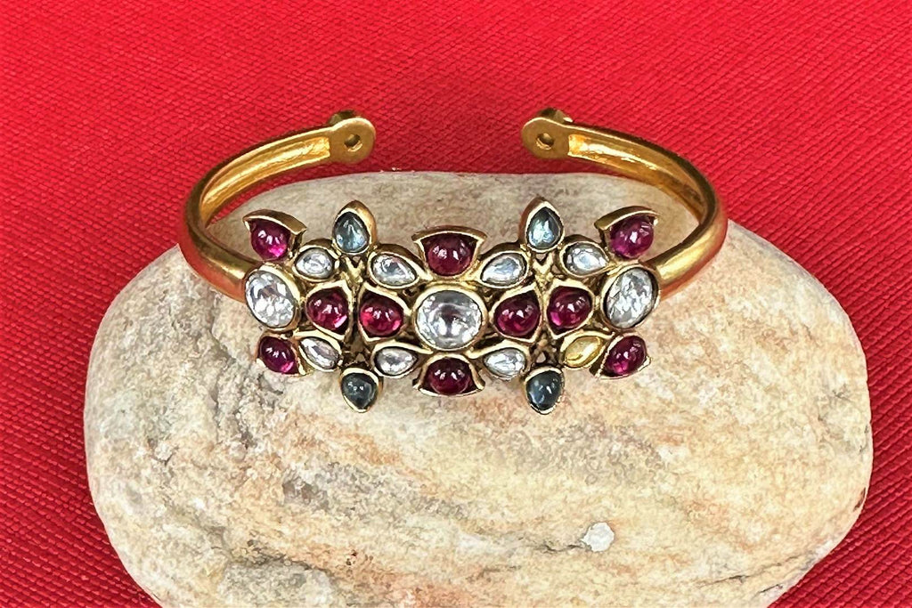 Shop Amrapali multi stone floral gold plated bangle online in USA. Complete your Indian look with beautiful Amrapali gold plated jewelry, gold plated earrings, temple jewelry, silver jewelry, silver earrings available at Pure Elegance Indian fashion store in USA.-full view