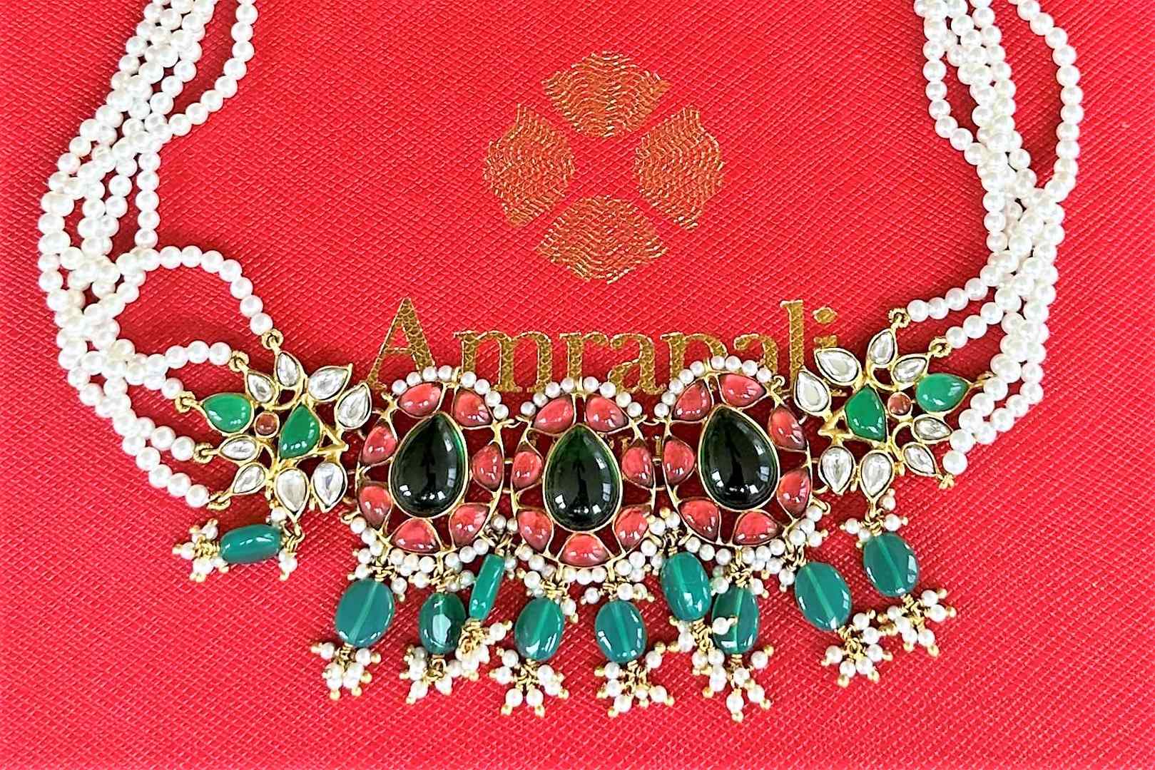 Buy multicolor stone choker necklace online in USA with pearl strings. Complete your Indian look with beautiful Amrapali gold plated jewelry, gold plated earrings, temple jewelry, silver jewelry, silver earrings available at Pure Elegance Indian fashion store in USA.-full view