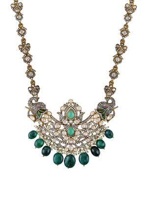 Shop zircon and glass oxidised gold plated necklace online in USA. Elevate your traditional look with royal Amrapali jewelry, silver plated jewelry, gold plated jewelry, gold plated necklace, silver earrings, silver bangles from Pure Elegance Indian fashion store in USA.-closeup