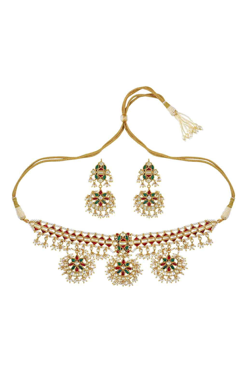 Buy gold plated glass and pearl jadau necklace set online in USA with earrings. Elevate your traditional look with royal Amrapali jewelry, silver plated jewelry, gold plated jewelry, gold plated necklace, silver earrings, silver bangles from Pure Elegance Indian fashion store in USA.-front
