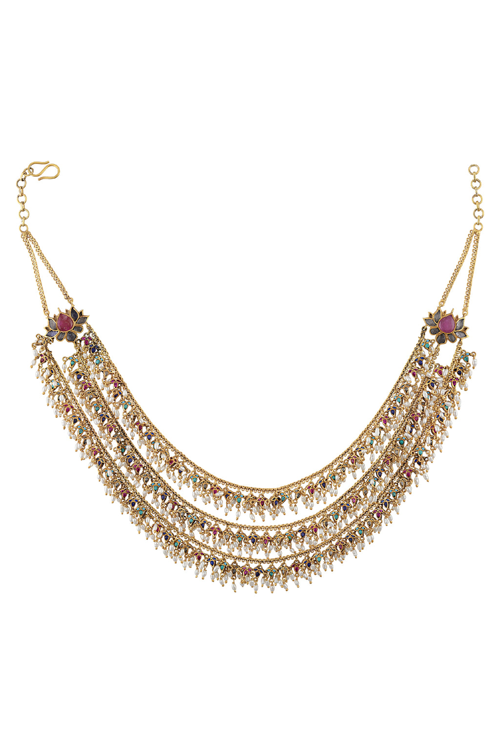 Buy multicolor glass layered necklace online in USA with pearls. Elevate your traditional look with royal Amrapali jewelry, silver plated jewelry, gold plated jewelry, gold plated necklace, silver earrings, silver bangles from Pure Elegance Indian fashion store in USA.-front