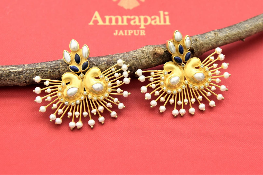 Shop gold plated peacock earrings online in USA with pearls. Shop gold plated jewelry, silver jewelry, gold plated earrings, wedding jewelry, bridal jewellery from Pure Elegance Indian fashion store in USA in best designs and quality.-full view
