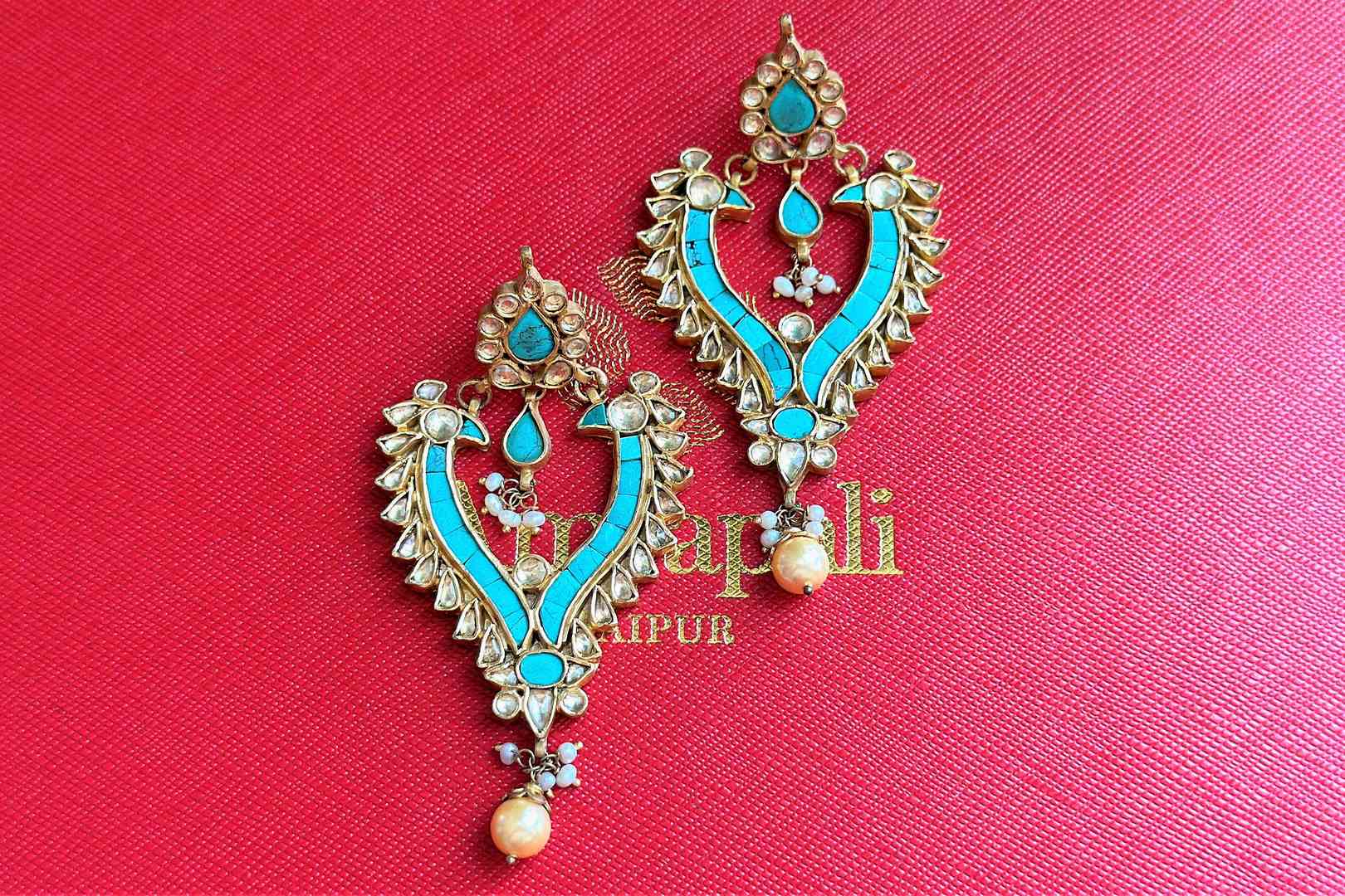 Shop gold plated turquoise glass earrings online in USA with pearl drop. Complete your Indian look with beautiful Amrapali gold plated jewelry, gold plated earrings, temple jewelry, silver jewelry, silver earrings available at Pure Elegance Indian fashion store in USA.-full view