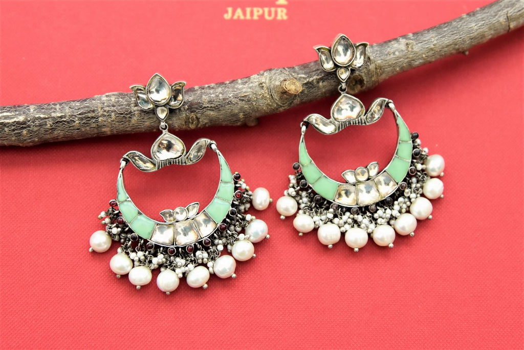 Shop stunning Amrapali silver chandbali online in USA with kundan and pearl drops. Shop gold plated jewelry, silver jewelry, gold plated earrings, wedding jewelry, bridal jewellery from Pure Elegance Indian fashion store in USA in best designs and quality.-full view